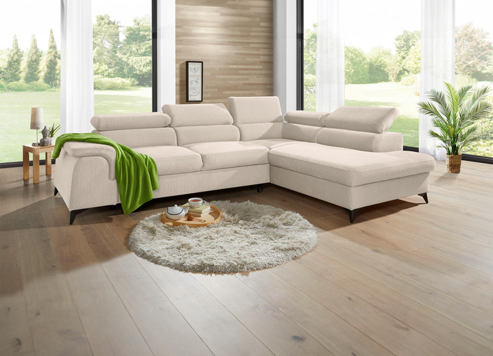 Polsterecken - Polsterecke mit Bettfunktion und verstellbaren Kopfstützen, in Farbe CREME, in Ausführung Mit Longchair und 3 Kopfstützen Ansicht 10