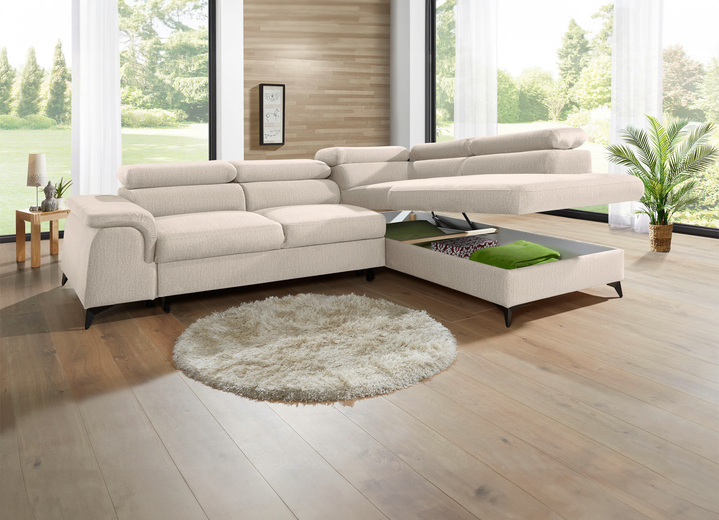 Polsterecken - Polsterecke mit Bettfunktion und verstellbaren Kopfstützen, in Farbe CREME, in Ausführung Mit Longchair und 3 Kopfstützen Ansicht 12