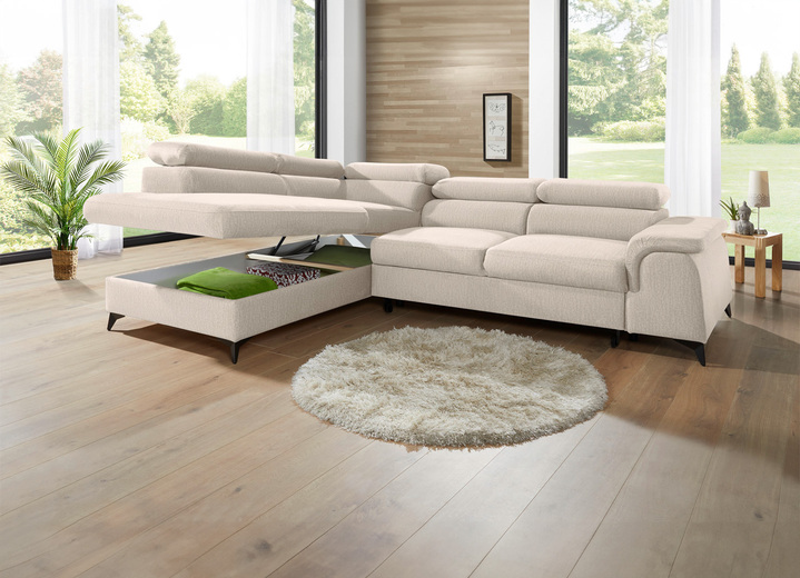 Polsterecken - Polsterecke mit Bettfunktion und verstellbaren Kopfstützen, in Farbe CREME, in Ausführung Mit Longchair und 3 Kopfstützen Ansicht 21