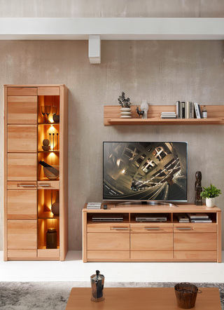 Wohnwände - Wohnwand mit LED-Beleuchtung und Softclose, in Farbe KERNBUCHE