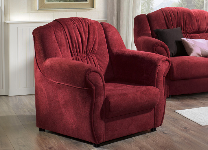 Polstergruppen - Frei im Raum aufstellbare Polstermöbel mit Federkern, in Farbe BORDEAUX, in Ausführung Polstergruppe, 2-teilig, mit Bettfunktion (1 Dreisitzer und 1 Sessel) Ansicht 2