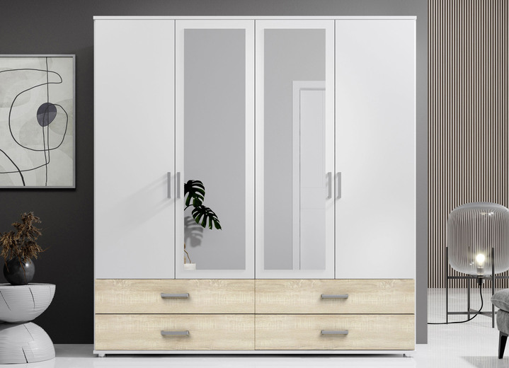 Schlafzimmerschränke - Moderne Kleiderschränke mit viel Platz für Kleidung und Accessoires, in Farbe WEISS-EICHE SONOMA, in Ausführung 4-türig Ansicht 1