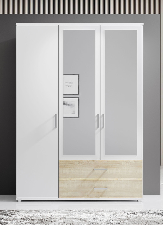 - Moderne Kleiderschränke mit viel Platz für Kleidung und Accessoires, in Farbe WEISS-EICHE SONOMA, in Ausführung 3-türig