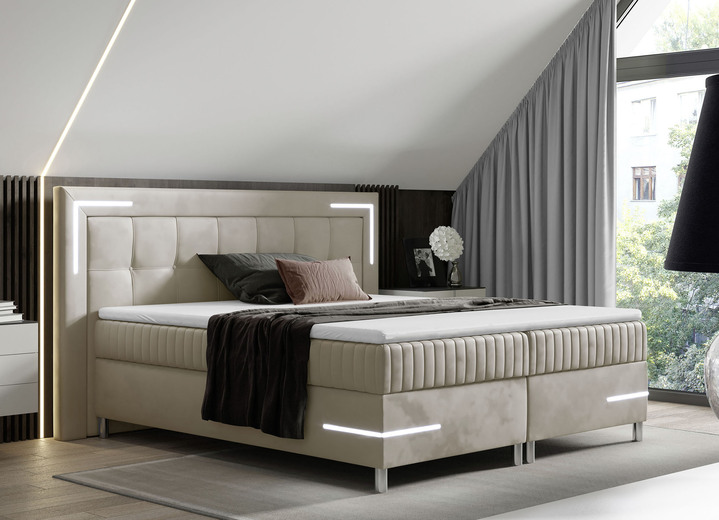 Boxspringbetten - Boxspringbett mit LED-Beleuchtung und Topper, in Farbe CREME Ansicht 1