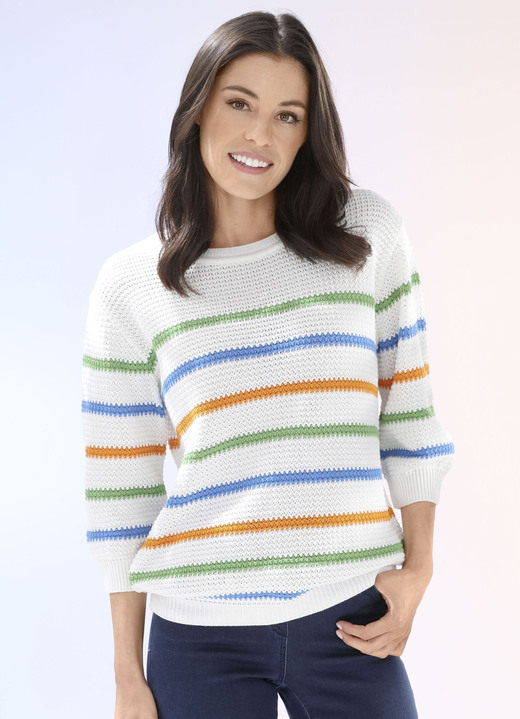 Pullover - Pullover in Reiskornstrick, in Größe 034 bis 052, in Farbe WOLLWEISS-GRÜN-MULTICOLOR