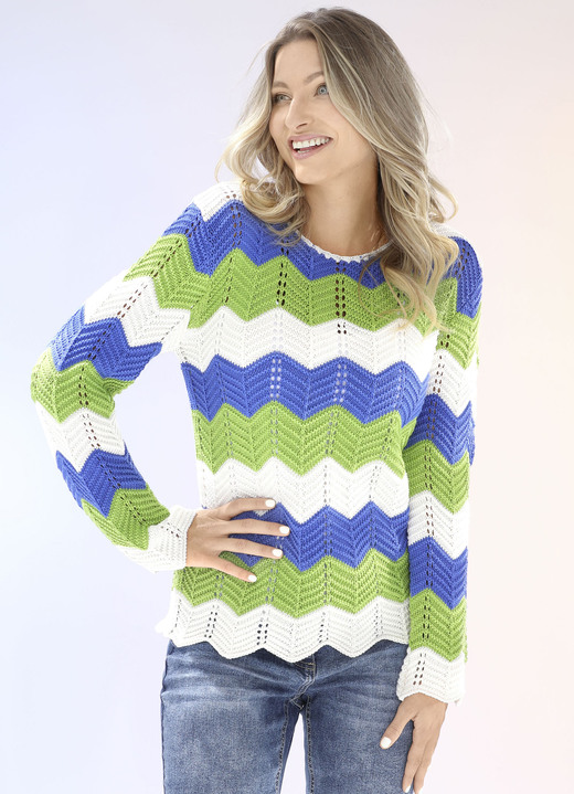 - Pullover mit Zackenringeln, in Größe L(44/46) bis XS(32/34), in Farbe ECRU-JEANSBLAU-LIMETTE Ansicht 1