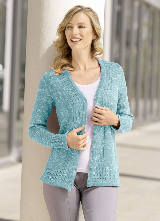 Basics - Strickjacke aus Melangegarn Ansicht 2 Basics - Strickjacke aus Melangegarn, in Größe 038 bis 054, in Farbe JADEGRÜN MELIERT Ansicht 2