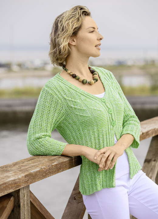 Basics - Strickjacke in feiner Melangeoptik Ansicht 2 Basics - Strickjacke in feiner Melangeoptik, in Größe 036 bis 052, in Farbe LIMETTE MELIERT Ansicht 2