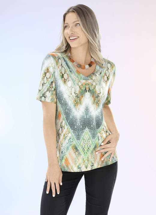 Kurzarm - Shirt mit V-Ausschnitt, in Größe 036 bis 052, in Farbe GRÜN-ORANGE Ansicht 2