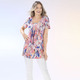 Kurzarm - Longshirt mit Faltenlegung am Halsausschnitt in 2 Farben – Farbe APRICOT-BLEU – Ansicht 4 Kurzarm - Longshirt mit Faltenlegung am Halsausschnitt in 2 Farben, in Größe 036 bis 056, in Farbe MINT-ORANGE – Farbe APRICOT-BLEU – Ansicht 4