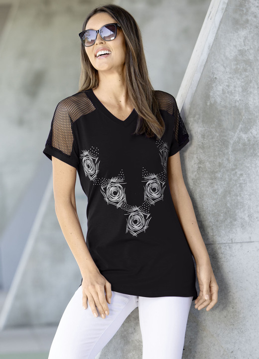 Kurzarm - Longshirt mit Kontrast-Druck in 2 Farben, in Größe 038 bis 054, in Farbe SCHWARZ