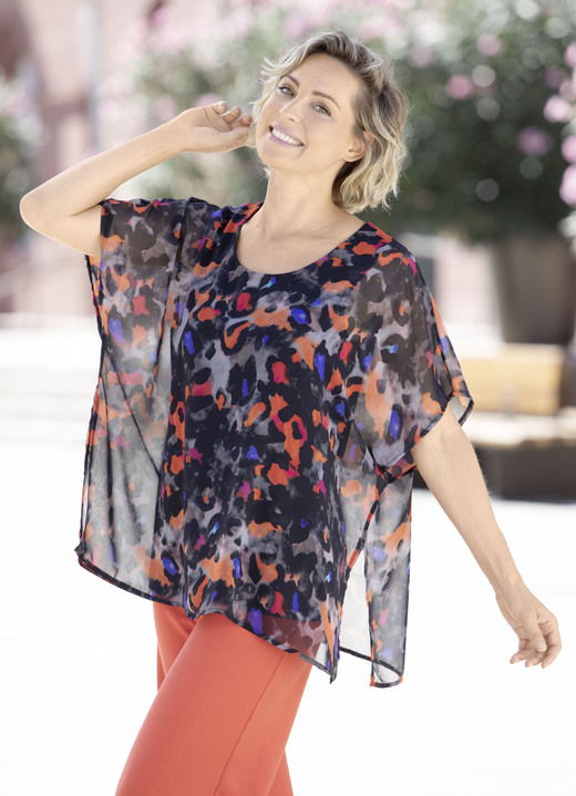Kurzarm - Doppellagiges Shirt mit Chiffon-Überwurf, in Größe 036 bis 052, in Farbe SCHWARZ-ORANGE-BLAU Ansicht 2