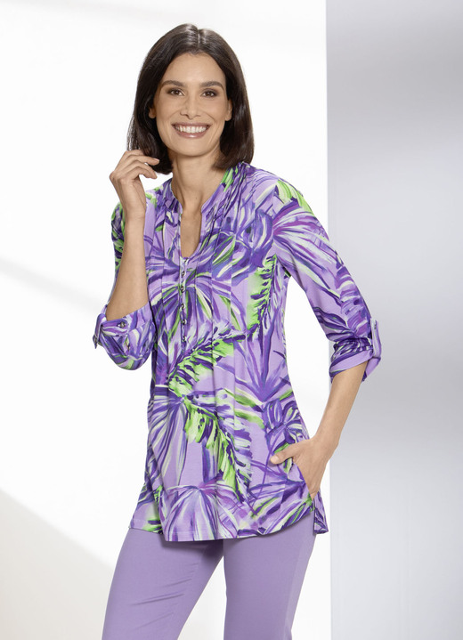 Tuniken - Shirt-Tunika mit Inkjet-Druck, in Größe 036 bis 054, in Farbe LILA-FLIEDER-BUNT Ansicht 1