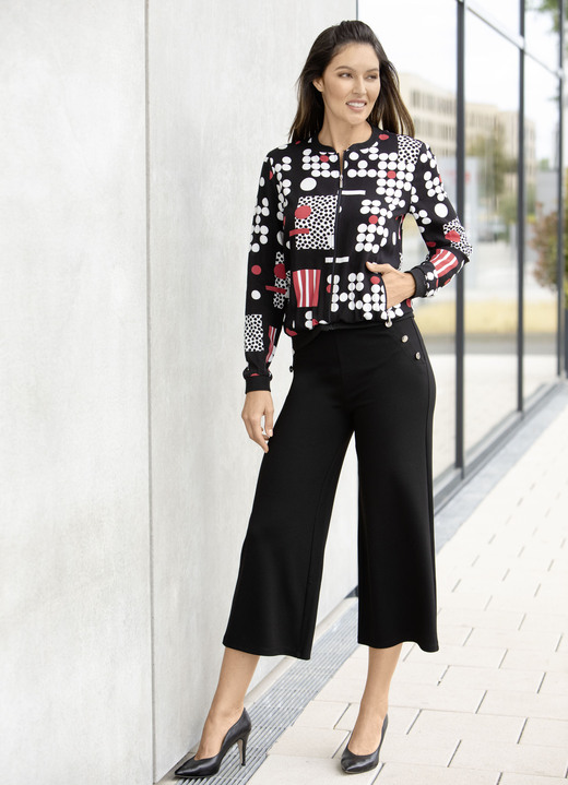 Blusen - Blusenjacke mit Rippenstrick Ansicht 3 Blusen - Blusenjacke mit Rippenstrick, in Größe 036 bis 052, in Farbe SCHWARZ-WEISS-ROT Ansicht 3