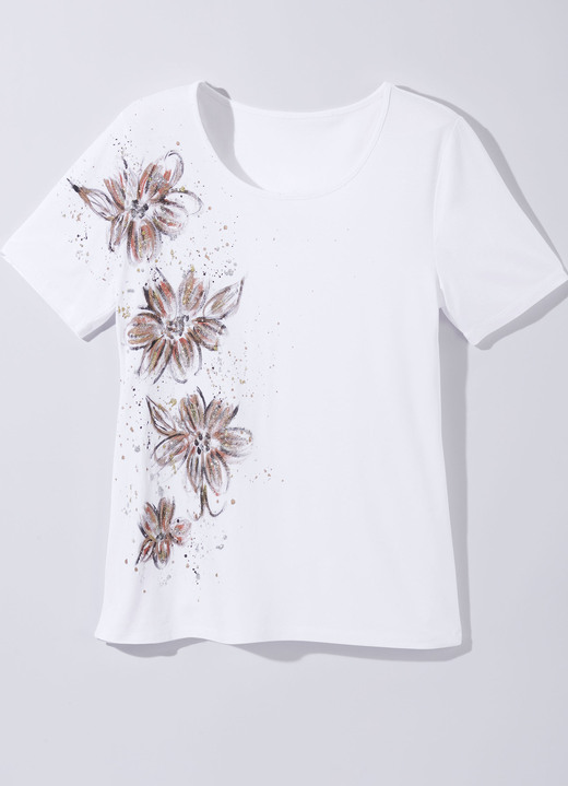 Kurzarm - Shirt mit handbemaltem Glitzerornament, in Größe 036 bis 052, in Farbe WEISS