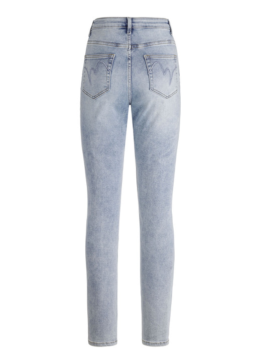 Hosen - Jeans mit Strasszier und glänzenden Blütenmotiven Ansicht 2 Hosen - Jeans mit Strasszier und glänzenden Blütenmotiven, in Größe 017 bis 050, in Farbe HELLBLAU Ansicht 2