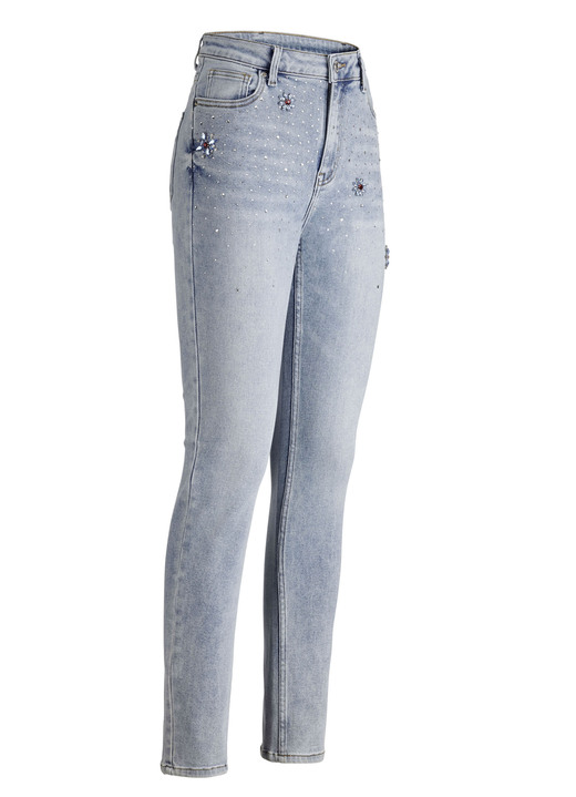 SALE % - Jeans mit Strasszier und glänzenden Blütenmotiven, in Größe 017 bis 050, in Farbe HELLBLAU Ansicht 1