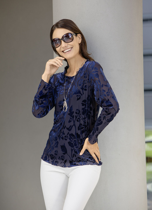 Anlassblusen - Shirt-Tunika mit Volant-Besatz, in Größe 036 bis 052, in Farbe MARINE Ansicht 2