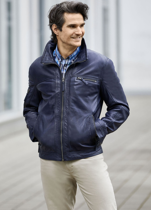 Lederjacken - Lederkurzjacke mit verstellbarem Ärmelbund Lederjacken - Lederkurzjacke mit verstellbarem Ärmelbund, in Größe 046 bis 062, in Farbe DUNKELBLAU