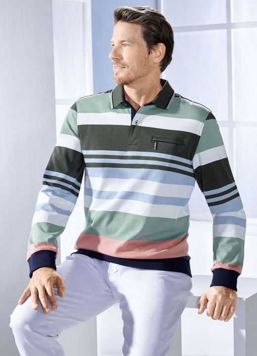 Sweatshirts - Poloshirt mit Reißverschluss-Brusttasche, in Größe 046 bis 062, in Farbe HELLBLAU-GRÜN-ECRU