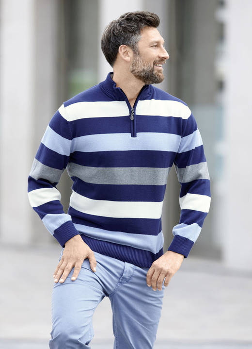 Gemustert - Gestreifter Troyer mit kurzem Reißverschluss, in Größe 046 bis 062, in Farbe MARINE-BLEU-ECRU Ansicht 2