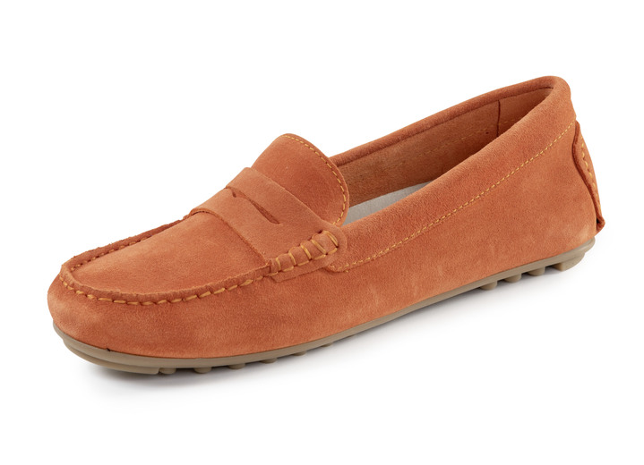 Damenmode - ELENA EDEN Mokassin-Slipper aus geschmeidigem Rind-Veloursleder, in Größe 036 bis 042, in Farbe ORANGE Ansicht 1