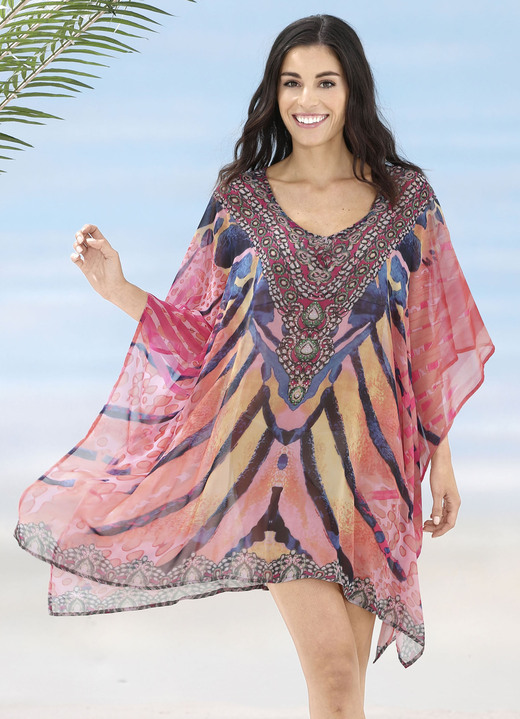 Strandkleider - Laurina Tunika mit Schmucksteinchen, leicht transparent Ansicht 2 Strandkleider - Laurina Tunika mit Schmucksteinchen, leicht transparent, in Größe 1 (36-42) bis 3 (50-54), in Farbe KORALLE-BUNT Ansicht 2