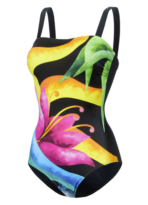 Badeanzüge - Schwab Badeanzug mit platziertem Druckdessin und Halbkorsage, in Größe 036 bis 052, in Cup D, in Farbe SCHWARZ-BUNT Ansicht 3