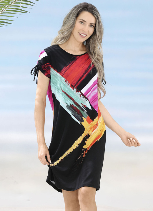 Strandkleider - Laurina Kleid mit Druckdessin und raffbaren Ärmeln, in Größe 036 bis 054, in Farbe SCHWARZ-BUNT