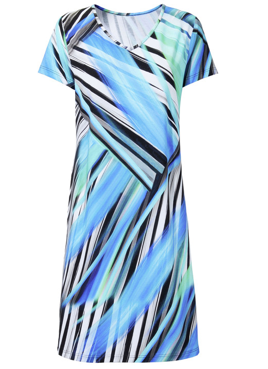 Strandkleider - Laurina Kleid mit farbbrillantem Druckdessin und kurzen Ärmeln, in Größe 036 bis 054, in Farbe BLAU-SCHWARZ-BUNT Ansicht 2