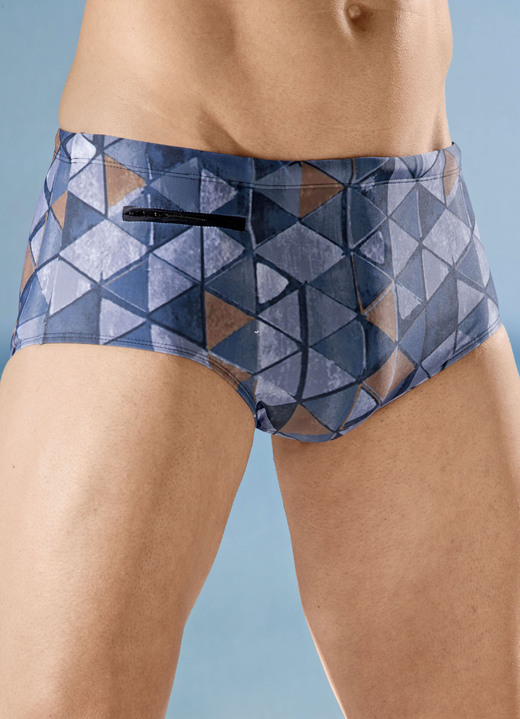 - Badehose in höherer Slipform mit Reißverschlusstasche, in Größe 004 bis 010, in Farbe GRAU-BUNT