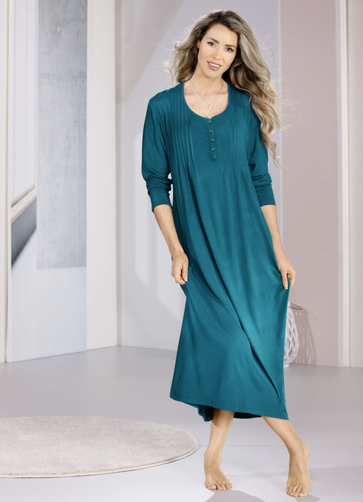 Langarm - Nachthemd, Langarm mit Biesenverarbeitung und Knopfleiste Ansicht 2 Langarm - Nachthemd, Langarm mit Biesenverarbeitung und Knopfleiste, in Größe 036 bis 056, in Farbe PETROL Ansicht 2