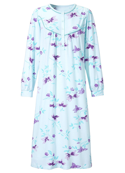 Langarm - Nachthemd, lange Knopfleiste und knöpfbare Bündchenabschlüssen, in Größe 038 bis 060, in Farbe AQUA-PFLAUME-BUNT Ansicht 2