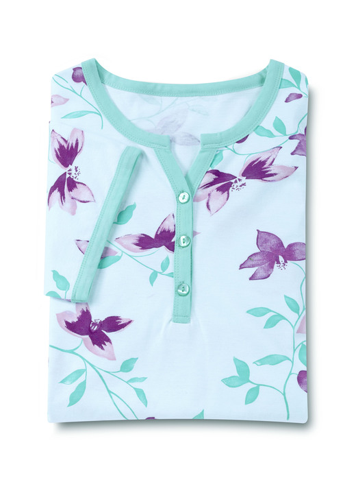 Kurzarm - Zweierpack Nachthemden, Knielang mit Knopfleiste und kurzen Ärmeln, in Größe 036 bis 054, in Farbe 1X AQUA, 1X AQUA-PFLAUME Ansicht 4