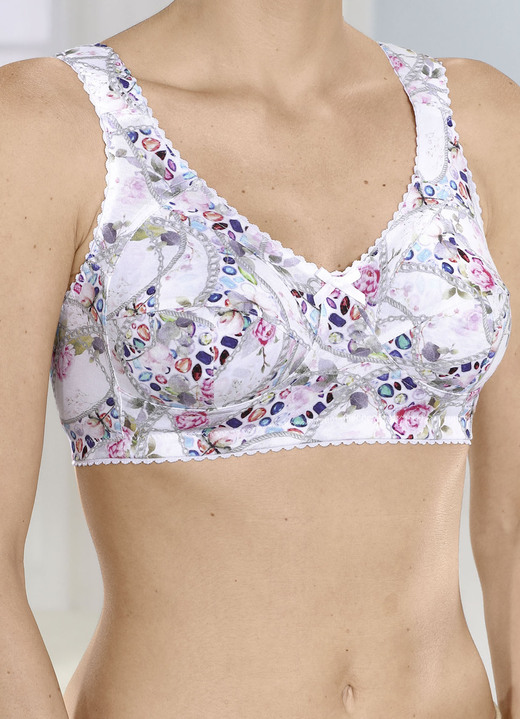 Soft-BH - BH mit hübschem Druckdessin, in Größe 080 bis 110, in Cup E, in Farbe WEISS-BUNT Ansicht 1