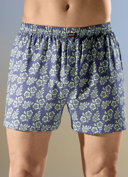 Pants & Boxershorts - Viererpack Boxershorts mit knöpfbarem Eingriff, in Größe 005 bis 014, in Farbe 2X GRAUBLAU-GRÜN, 2X GRÜN-GRAUBLAU