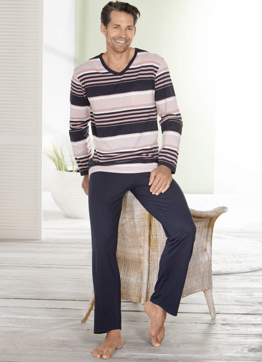 - Schlafanzug mit V-Ausschnitt und offenen Abschlüssen, in Größe 046 bis 062, in Farbe ROSENHOLZ-NAVY-ECRU Ansicht 2