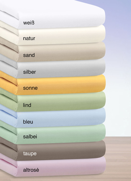 Janine - Hochwertige Elastic-Mako-Feinjersey-Spannbetttücher, in Größe 133 (1 Spannbetttuch, 100/200 cm) bis 938 (1 Topper-Spannbetttuch,200/200 cm), in Farbe SONNE Ansicht 1