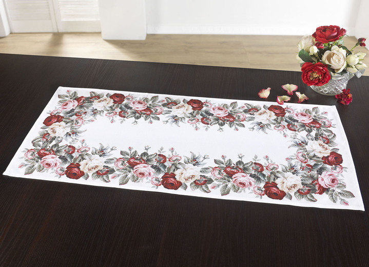 Tischdecken - Aussdrucksstarke Tischdecke mit bezauberndem Rosen-Dessin Ansicht 2 Tischdecken - Aussdrucksstarke Tischdecke mit bezauberndem Rosen-Dessin, in Größe 130 (2 Deckchen, 35/ 50 cm) bis 404 (Kissenbezug, 40/ 40 cm), in Farbe ECRU-BUNT Ansicht 2
