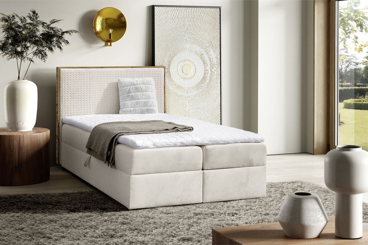 Boxspringbetten - Boxspringbett mit Rahmen aus Wotaneiche, in Farbe CREME Ansicht 1