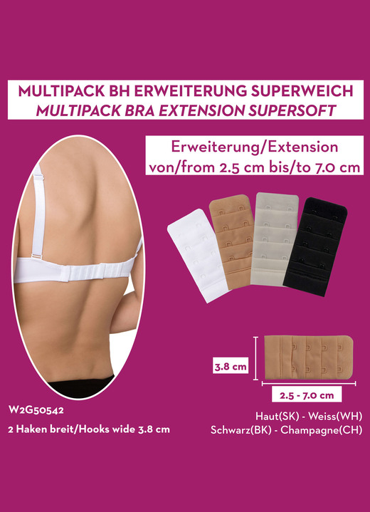 Bügel-BH - Miss Perfect Wow 2 Go Viererpack BH-Verlängerungen Ansicht 2 Bügel-BH - Miss Perfect Wow 2 Go Viererpack BH-Verlängerungen, in Farbe 1X WEISS, 1X SEKT, 1X PUDER, 1X SCHWARZ, in Ausführung 2 Haken (3,8 cm breit) Ansicht 2