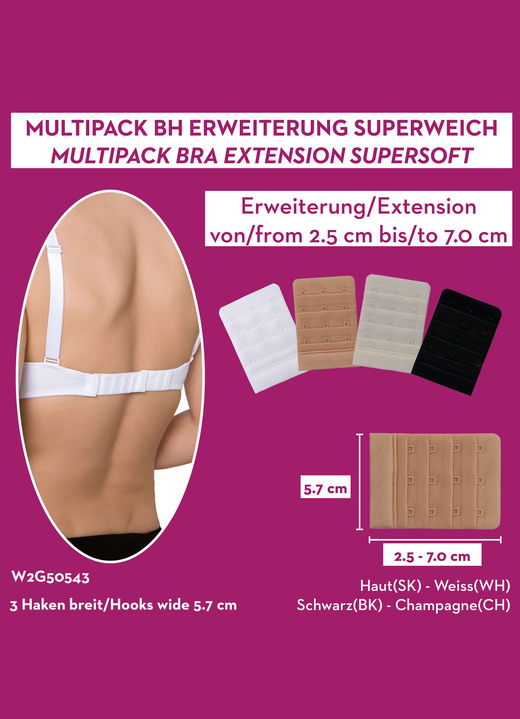 Bügel-BH - Miss Perfect  Wow 2 Go Viererpack BH-Verlängerungen Ansicht 2 Bügel-BH - Miss Perfect  Wow 2 Go Viererpack BH-Verlängerungen, in Farbe 1X WEISS, 1X SEKT, 1X PUDER, 1X SCHWARZ, in Ausführung 3 Haken (5,7 cm breit) Ansicht 2