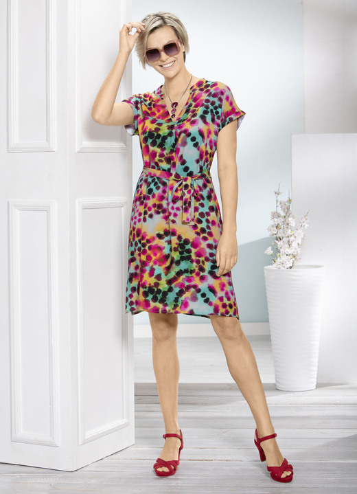 Kurzarm - Kleid mit Bindegürtel , in Größe 036 bis 052, in Farbe MINT-PINK-BUNT Ansicht 2