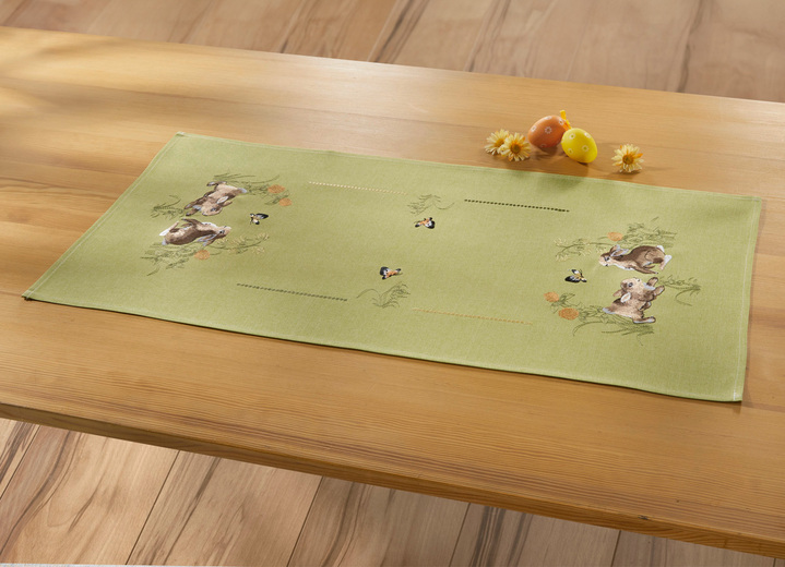 Tisch- & Raumdekoration - Tisch- und Raumdekoration mit Hasen-Motiven, in Größe 101 (Deckchen, 35/ 50 cm) bis 404 (Kissenbezug, 40/ 40 cm), in Farbe GRÜN Ansicht 2
