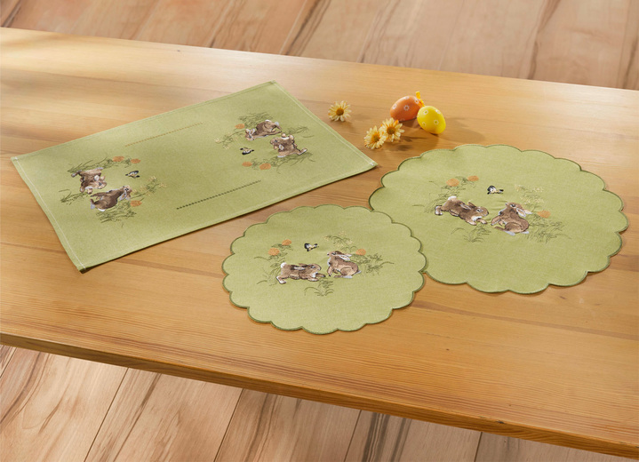 Tisch- & Raumdekoration - Tisch- und Raumdekoration mit Hasen-Motiven, in Größe 101 (Deckchen, 35/ 50 cm) bis 404 (Kissenbezug, 40/ 40 cm), in Farbe GRÜN Ansicht 1