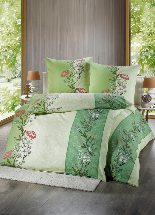 Heimtextilien - Bügelfreie Seersucker Bettwäsche-Garnitur, in Größe 111 (40/80 cm + 135/200 cm) bis 115 (80/80 cm + 155/220 cm), in Farbe GRÜN Ansicht 1