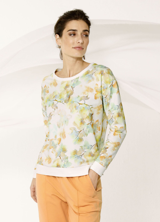 Langarm - Sweatshirt mit Rundhalsausschnitt, in Größe 038 bis 052, in Farbe ECRU-ORANGE-GRÜN Ansicht 1