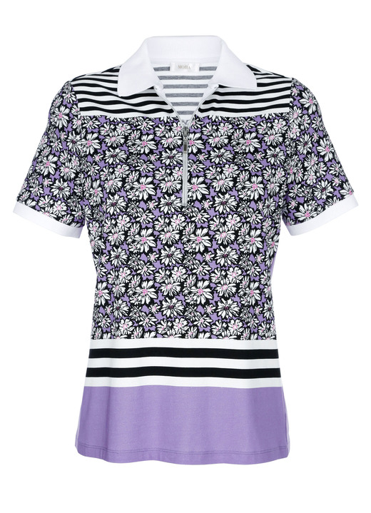 Shirts - Poloshirt mit Allovermuster, in Größe 038 bis 040, in Farbe SCHWARZ-LILA Ansicht 3