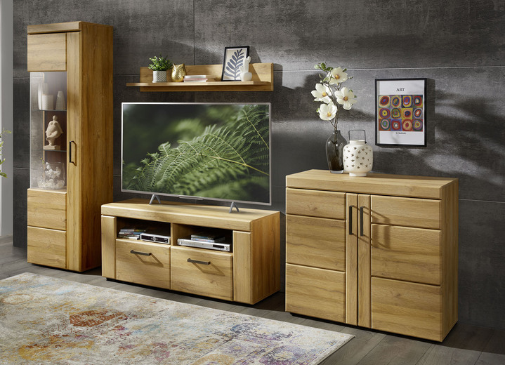 Wohnwände - Wohnwand mit Türen und Schubladen mit Softclose, in Farbe EICHE HELL, in Ausführung Wohnwand, klein, Vitrine, 1-türig, Türanschlag rechts Ansicht 1