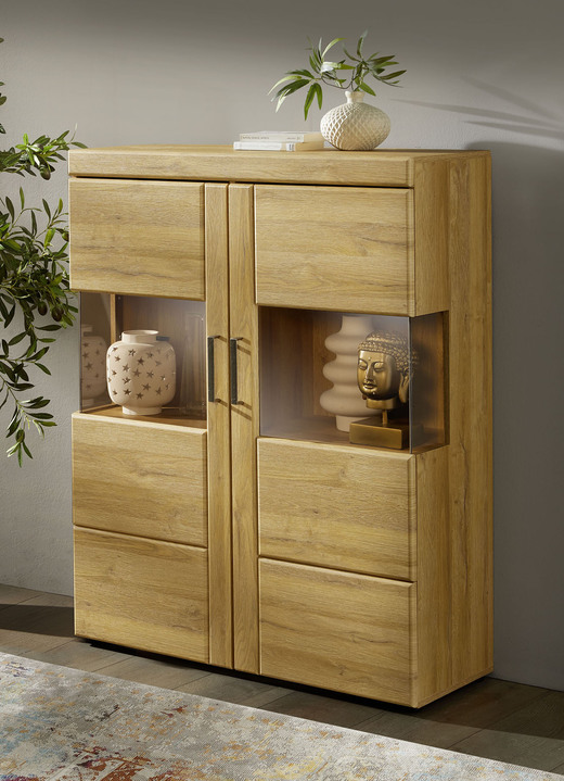 Vitrinen - Vitrinenserie mit Türen und Schubladen mit Softclose, in Farbe EICHE HELL, in Ausführung 1-türig, Türanschlag rechts Ansicht 3